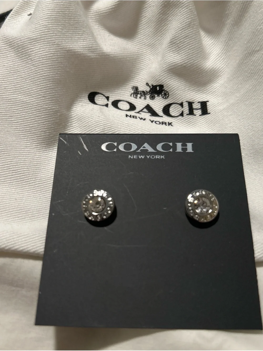 Coach Silver-Tone Crystal Stud Earrings with White Coach Drawstring Pouch - Picture 3 of 8